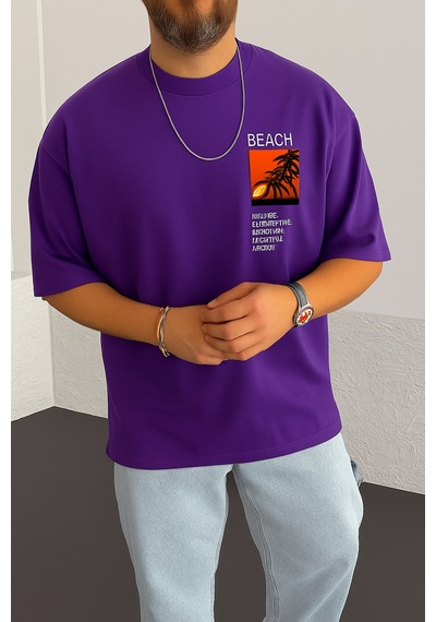 Beach Baskılı Oversize Unisex Tişört Mor