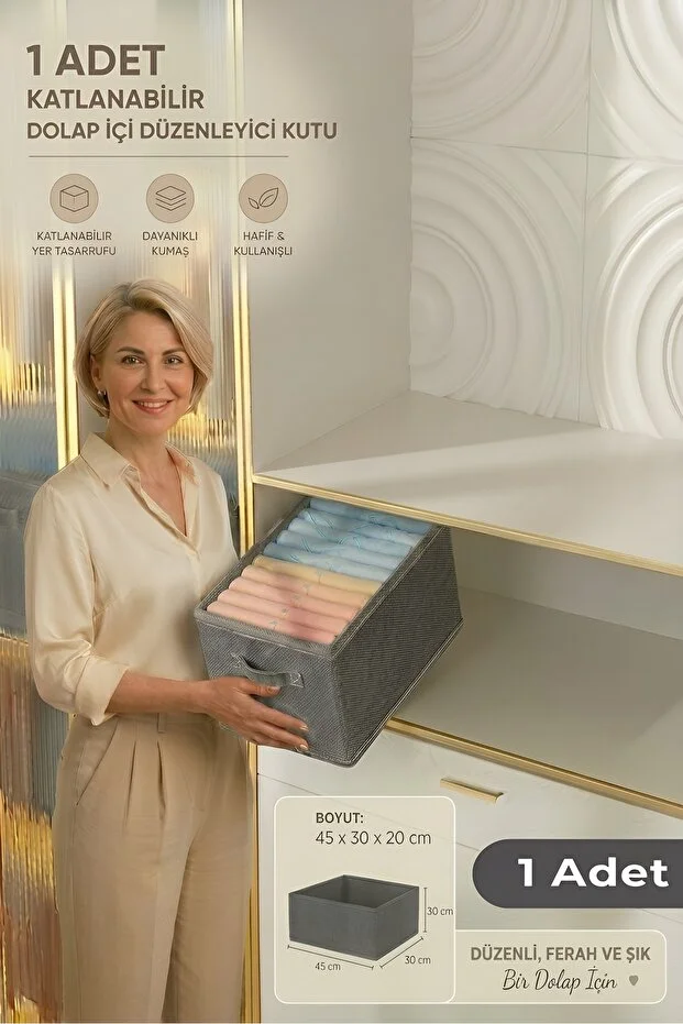 Lüks 1 Adet Katlanabilir Dolap İçi Düzenleyici Kutu 45x30x20 Cm Kıyafet Ve Giysi Organizer Saklama Kutusu Açık gri