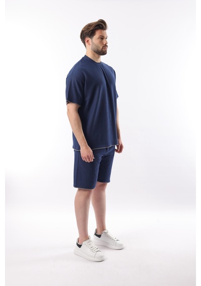 Madmext Lacivert Nakış Detaylı Erkek Şort T-shirt Takım E7305 Lacivert