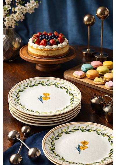Grandora Zarif Yeşil Desenli 6'lı 20 Cm Pasta, Tatlı Ve Sunum Tabağı, Modern Şık Kaliteli Pasta Tabağı Beyaz