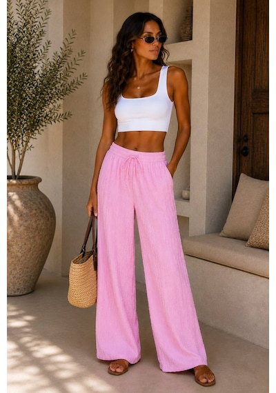 Hira Life Fashion Kadın Kumaşı Kabartma Detaylı Bol Paça Ve Önü Bağcıklı Salaş Burgu Şık Pantolon Pembe Pembe Hira Life Fashion Kadın Kumaşı Kabartma Detaylı Bol Paça Ve Önü Bağcıklı Salaş Burgu Şık Pantolon Pembe Pembe