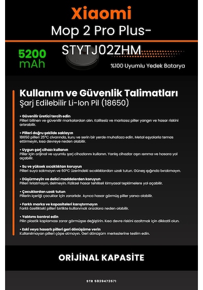 Xiaomi Mop Pro2+ 3D STYTJ02ZHM 5200mAh Robot Süpürge Bataryası