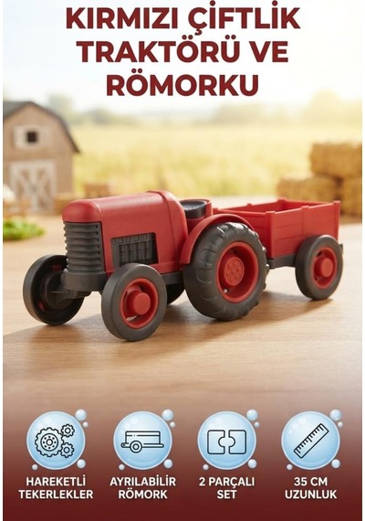 Kırmızı Çiftlik Traktörü Ve Römorku 35 Cm Ayrılabilir Römorklu Hareketli Tekerli Oyuncak Traktör