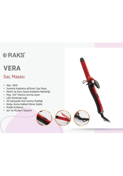 Raks Vera Profesyonel Seramik Plaka 25 Mm Saç Şekillendirici Maşa Kırmızı