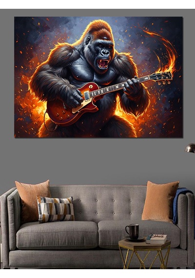 Elektro Gitar Çalan Güçlü Goril Dekoratif Kanvas - Mdf Ahşap Tablo