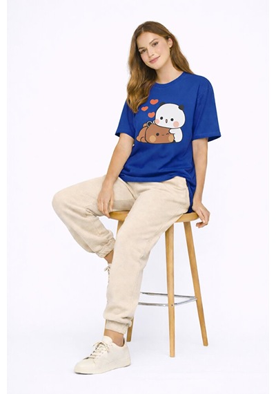Sevimli Panda Baskılı Sevgili Kombini Çift Tişört Oversize Unisex Lacivert