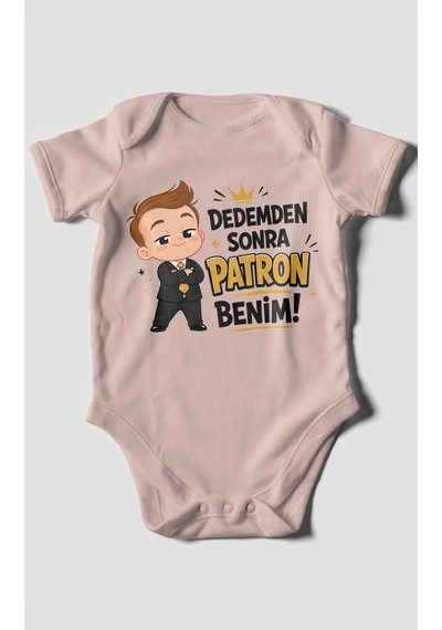Morivokids Dedemden Sonra Patron Benim Kısa Kollu Bebek Body %100 Pamuk Pastel Pembe