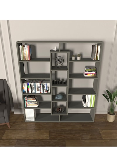 Kiola 14 Bölmeli Dekoratif Açık Tasarım Kitaplık Modern Kitaplık Antrasit
