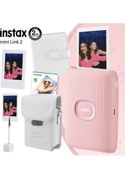 Fujifilm Instax Mini Link 2 Yazıcı + 10'lu Mini Film + Deri Kılıf + Albüm Çerçeve + Kıskaçlı Stand Pembe