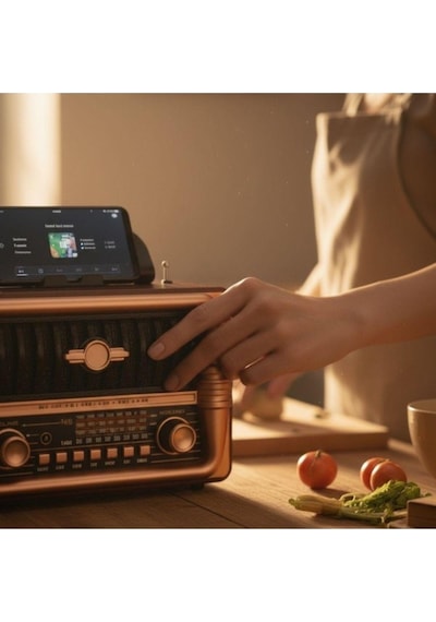 Ns-8079 Büyük Boy Telefon Tutma Aparatlı Retro Ahşap Tasarım Bluetooth Hoparlörlü Radyo Fm/am-437