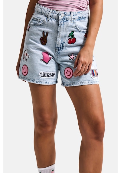 it's basic Kadın Ice 4s6-3 Relax Mom Fit Emoji Nakış Detaylı Özel Tasarım Denim Şort Ice Rengi