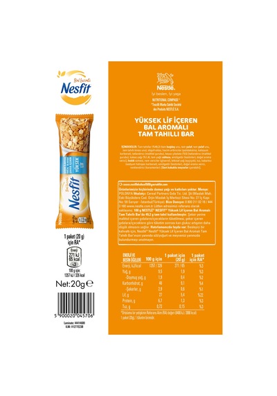 Nesfıt Yüksek Lif İçeren Şeker İlavesiz Bal Aromalı Tam Tahıllı Bar