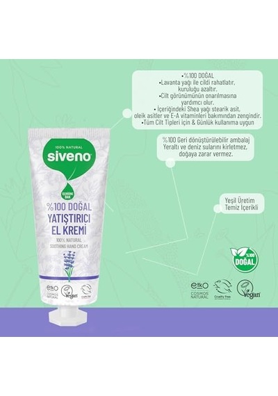 Siveno%100 Doğal El Ve Vücut Kremi Lavanta Cilt Yatıştırıcı Onarıcı Yoğun Nemlendirici Vegan 30 Ml