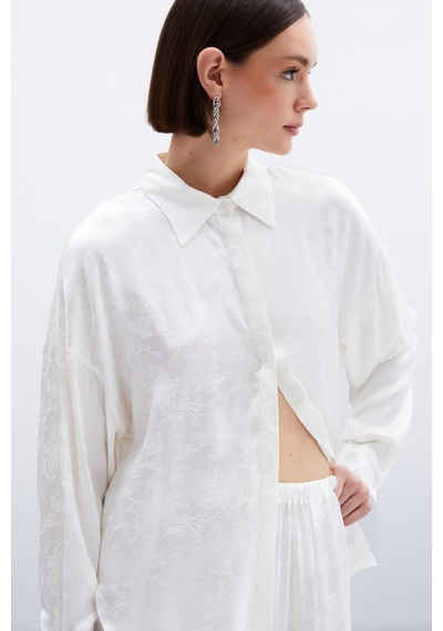 Sateen Jakarlı Saten Gömlek - Ekru-136040 Ekru