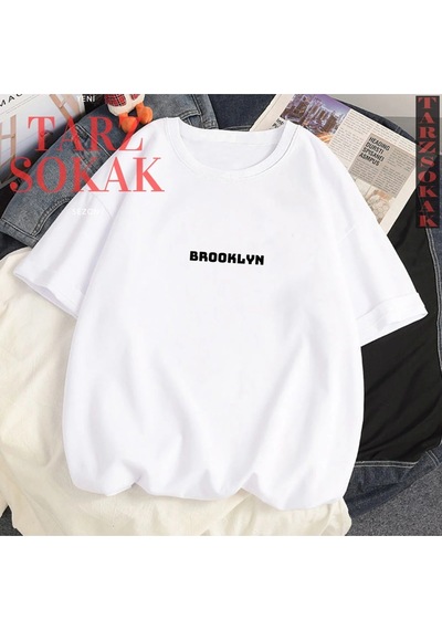 Tarzsokak Unisex Kadın/erkek Brooklyn Özel Renkli Oversize Bisiklet Yaka Pamuklu T-shirt Beyaz
