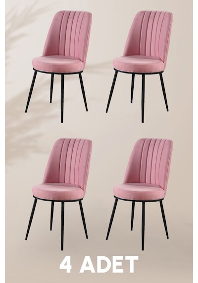 Gold Sandalye - Pembe - Metal Siyah Ayak 4 Adet - Salon Sandalyesi / Mutfak Sandalyesi Pembe