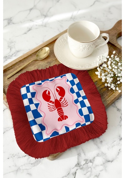 Lobster Temalı Saçaklı Bohem Sunum Peçetesi - Denizcilik Stil Kırmızı Mavi Bardak Altlığı Mendil Çok Renkli