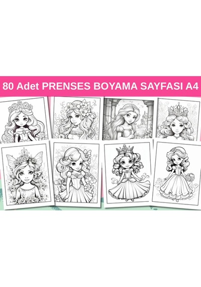 80 Adet Prenses Boyama Sayfası A4 Boyut, Kaliteli Basım,
