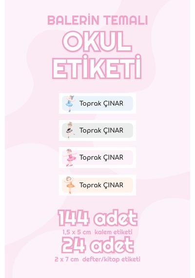 Balerin Temalı Isimli Okul Etiketi Defter Kitap Kalem Sticker Set