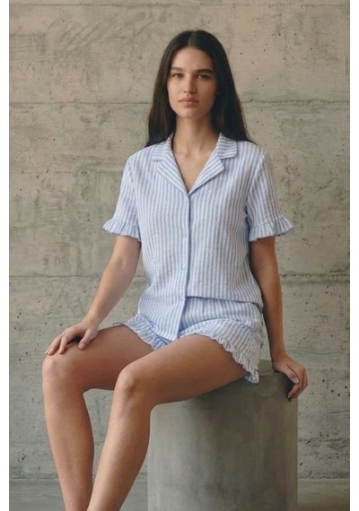 Kadın V Yaka Comfort Fit Mavi Pijama Takımı