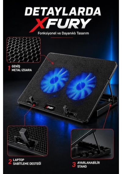 Fury Laptop Soğutucu Çift Fanlı Ayarlanabilir Dizüstü Bilgisayar Soğutma Fanı