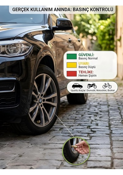 Beylini 4'lü Lastik Basınç Ölçerli Sibop Bisiklet Araba Motosiklet Tekerlek Hava Ölçer 2.4 Bar 35 Psı Set Çok Renkli