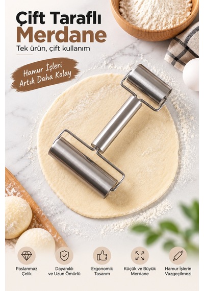 Çift Taraflı Paslanmaz Çelik Merdane Küçük Ve Büyük Hamur Açma Rulosu Ergonomik El Merdanesi