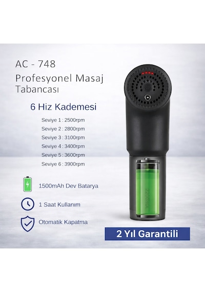 Acura 6 Seviyeli 4 Başlıklı Şarjlı Masaj Aleti Masaj  Tabancası Siyah