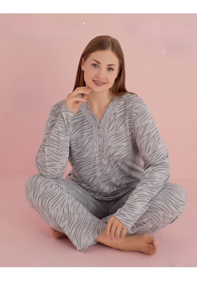 Pijamerry Kadın Büyük Beden Dantel Yaka Bambu Uzun Kol Pijama Takımı 5074 - 1 Adet 001