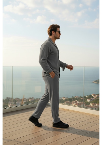 Fifty Color Kırışmaz Yazık Likralı Bürümcük Kumaş Gömlek Ve Pantolon Takım Gri
