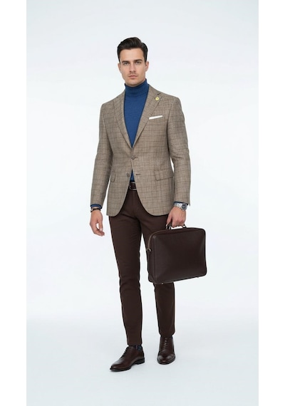 Plus Scorpion Ekoseli Slim Fit Erkek Blazer Ceket Şık Modern Tasarım, Tek Düğmeli Camel