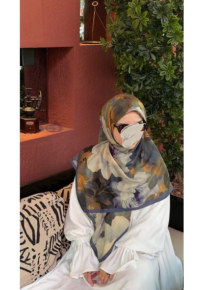 Qalortex Scarf Pamuklu Soft Meva Desen Eşarp-lacivert