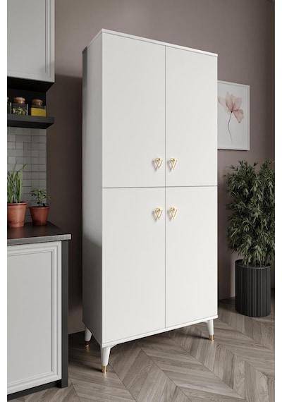 Simple Sp4190 Çok Amaçlı Dolap 4 Kapaklı Mutfak Dolabı Balkon Dolabı Kiler Banyo Dolabı Ayakkabılık Beyaz Gold