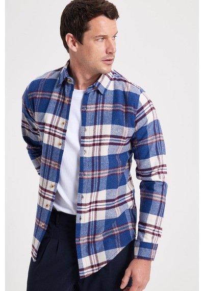 Tudors Erkek Slim Fit Dar Kesim Kareli Kışlık Oduncu Gömlek-42358 Saks Mavi