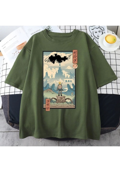 Flood Of Style Haki Erkek Anime Savaççı Baskılı Oversize Bisiklet Yaka Tshirt