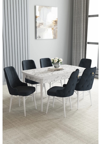 Zümra Serisi, Beyaz Mermer Desen 80x132 Açılabilir Mdf Mutfak Masası Takımı 6 Adet Sandalye Gri Zümra Serisi, Beyaz Mermer Desen 80x132 Açılabilir Mdf Mutfak Masası Takımı 6 Adet Sandalye Gri