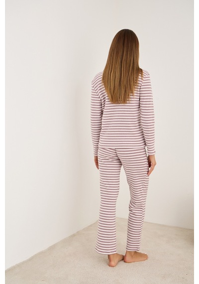 Siyah İnci Fırçalı Soft Fitilli Kaşkorse Hırka Pijama Takım Gül Beyaz