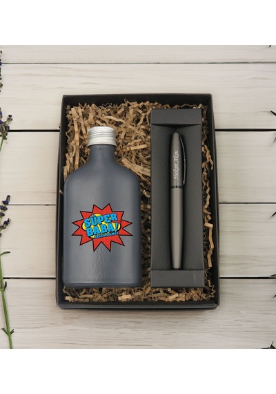 Bk Gift Kişiye Özel İsimli Baba Temalı Antrasit Tasarım Cam Şişede Kolonya 200 Ml Ve Metal Roller Kalem Hediye Seti-5, Babaya Hediye, Babalar Günü Hed
