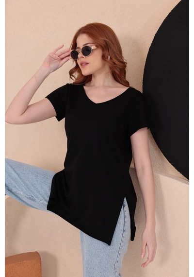 Bbbutikbasic Yırtmaçlı Uzun Basic Tişort Hkn34 Siyah