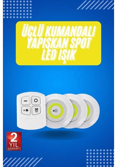 Yapışkanlı 3'lü Spot Led Işık Lamba Montajsız Pilli Uzaktan Kumandalı Diğer