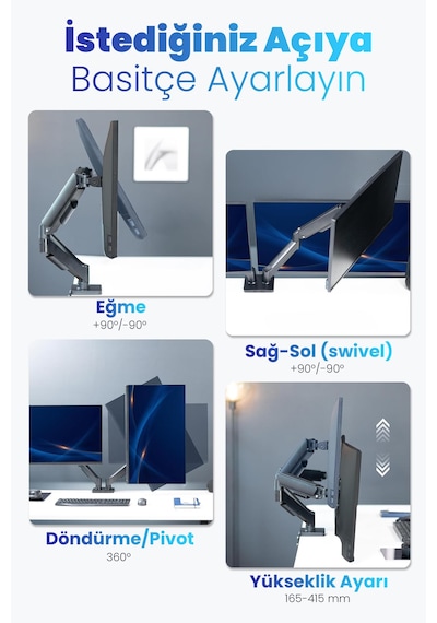 17-32" Çift Kollu Monitör Kolu Vesa Uyumlu Tam Hareketli 9+9 Kg Taşıma Kapasiteli Monitör Standı