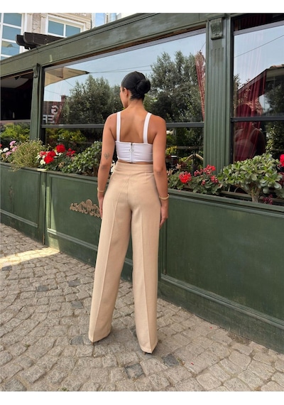 WeShaya Bej Keten Karışımlı Düz Paça Pantolon Bej