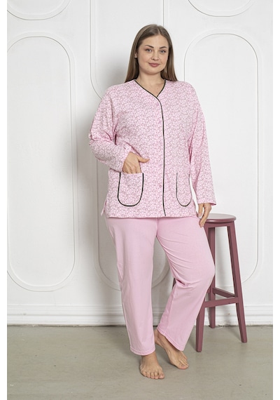 SEBOTEKS %100 Pamuklu Uzun Kollu Boydan Düğmeli Büyük Beden Kadın Pijama Takımı 206 Pembe