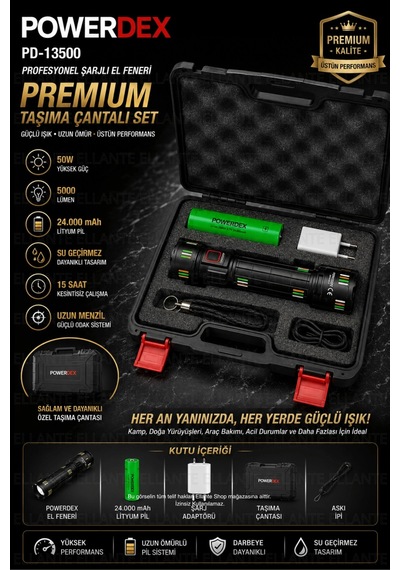 Şarjlı El Feneri 5000 Lümen 24.000 Mah Lityum Pil Taşıma Çantalı Profesyonel Set Pd-13500 Çok Renkli