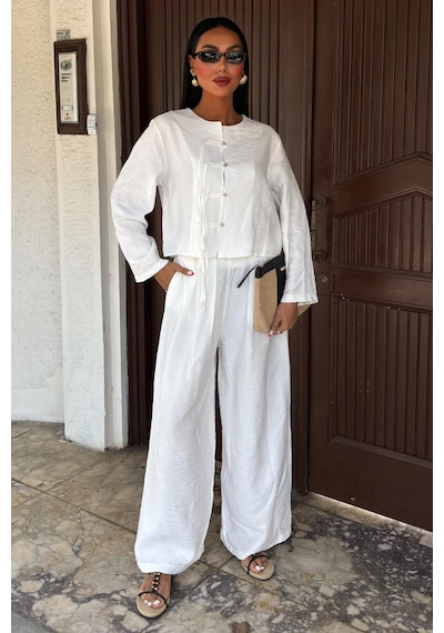 WeShaya Kadın Beyaz Keten Oversize Uzun İkili Takım Beyaz