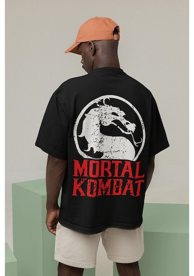 Ejderha Mortal Kombat Baskılı Unisex Oversize Anime Tişört Siyah