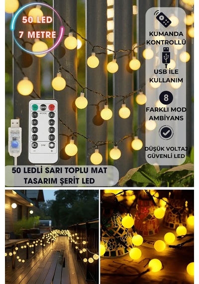 Technosmart 50 Ledli Usbli Kumandalı 8 Modlu 8 Metre Toplu Işık Parti Süsleme Organizasyon Sarı