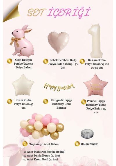 Pembe Tavşanlı 1 Yaş Doğum Günü Balon Seti