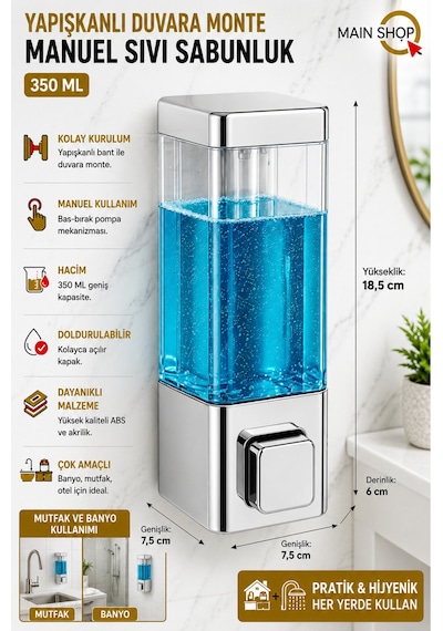Mainshop 1 Adet Yapışkanlı Duvara Monte Banyo Ve Mutfak Manuel Sıvı Sabunluk 350 Ml Doldurulabilir M-53 Gri