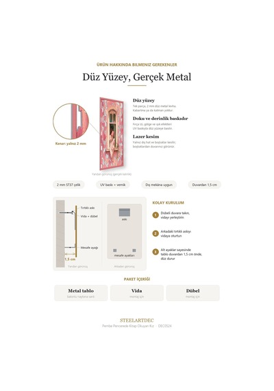 Pembe Pencerede Kitap Okuyan Kız Metal Tablo 66x95 Cm Çok Renkli